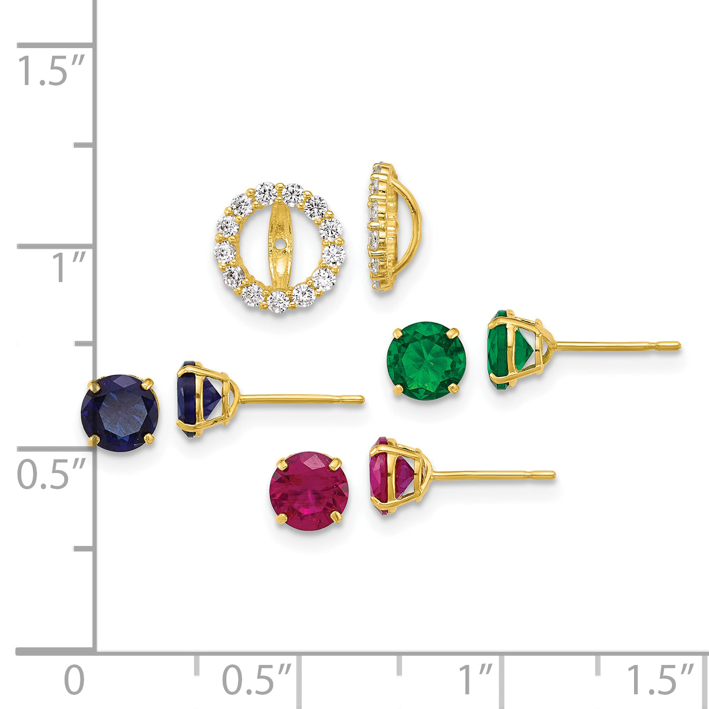 10K Yellow Gold Set Of Three Red, Blue And Green Glass Stone Studs With Cz Halo Jacket Post Earrings