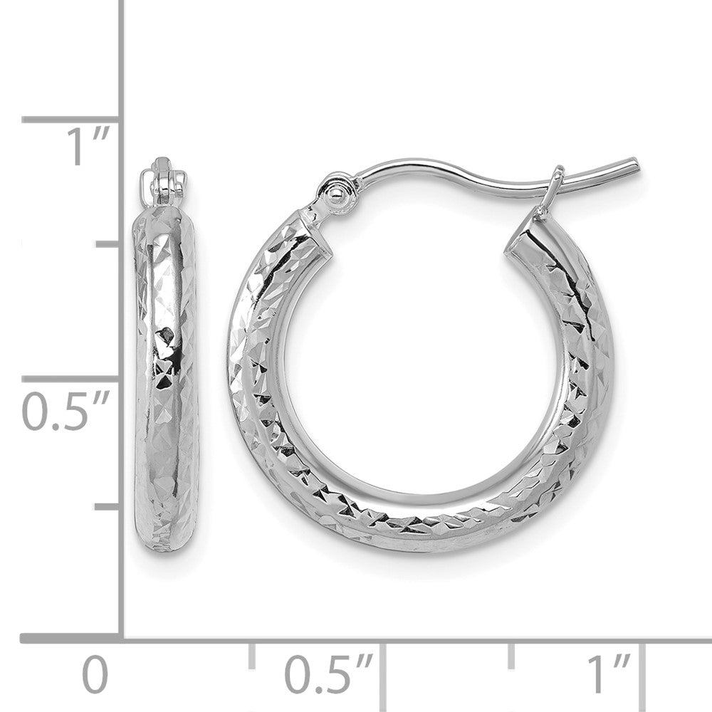 10K White Gold Diamond Cut 3mm Round Hoop Earrings