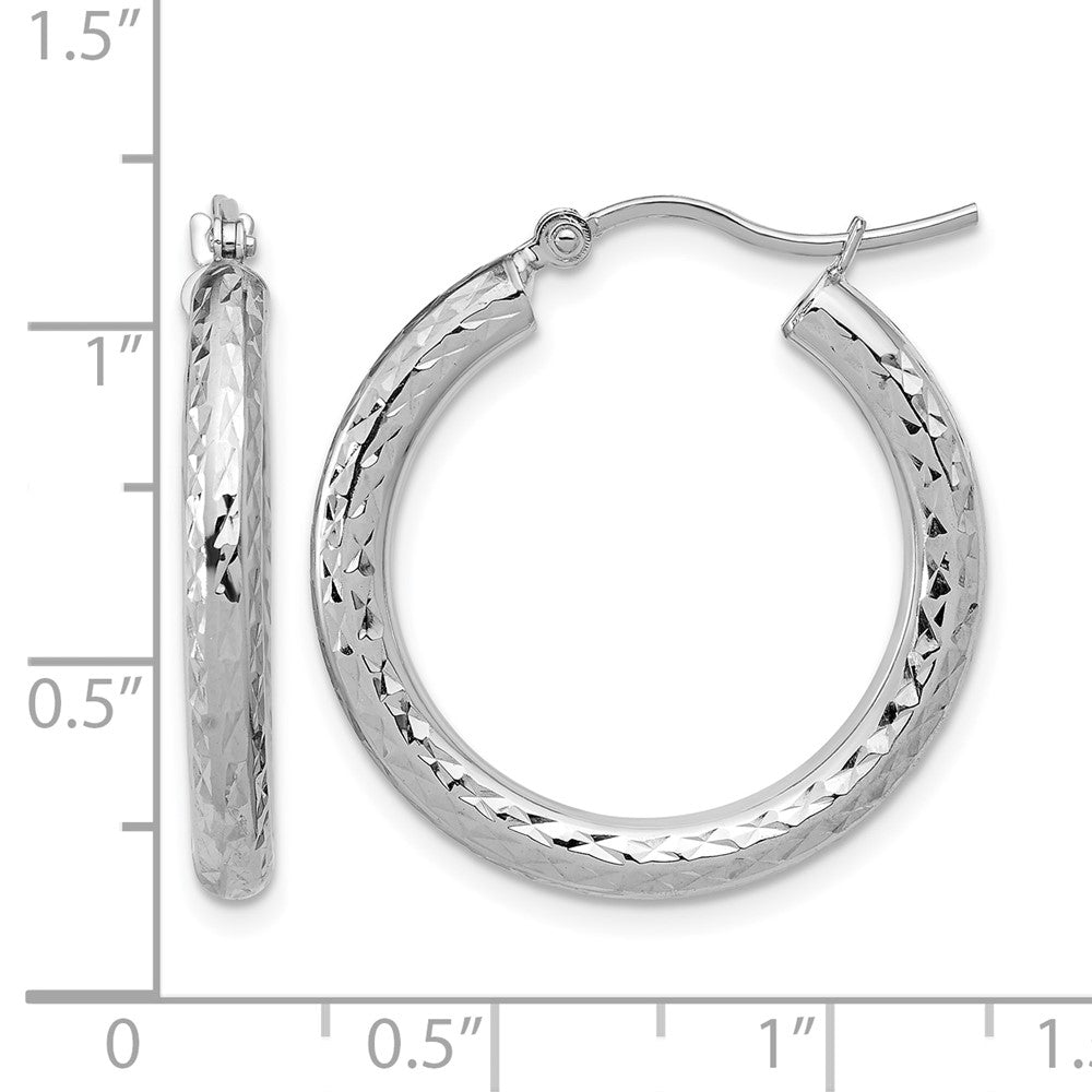 10K White Gold Diamond Cut 3mm Round Hoop Earrings
