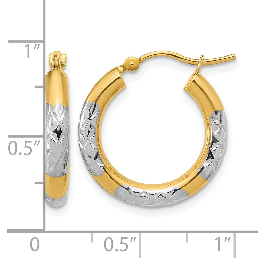 10K Yellow Gold With Rhodium Diamond Cut 3mm Hoop Earrings