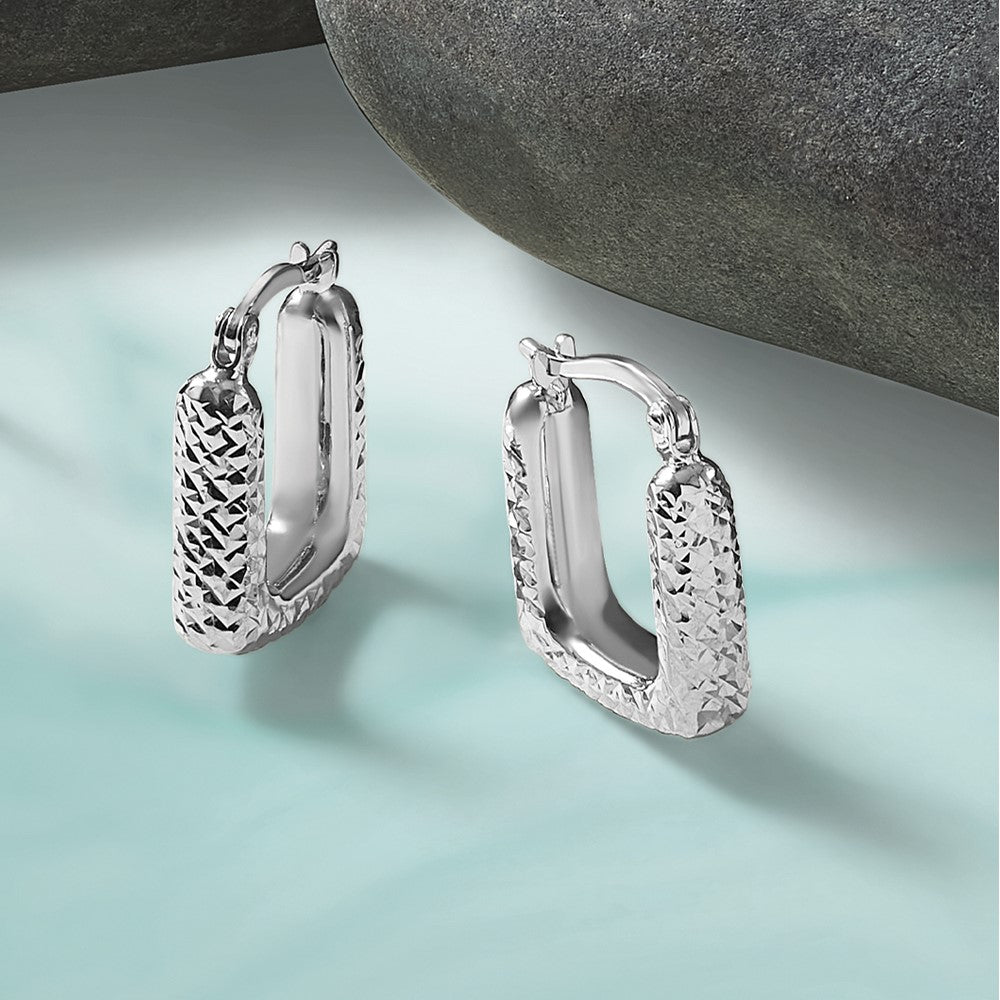 10K White Gold Polished And Diamond Cut Square Hoop Earrings