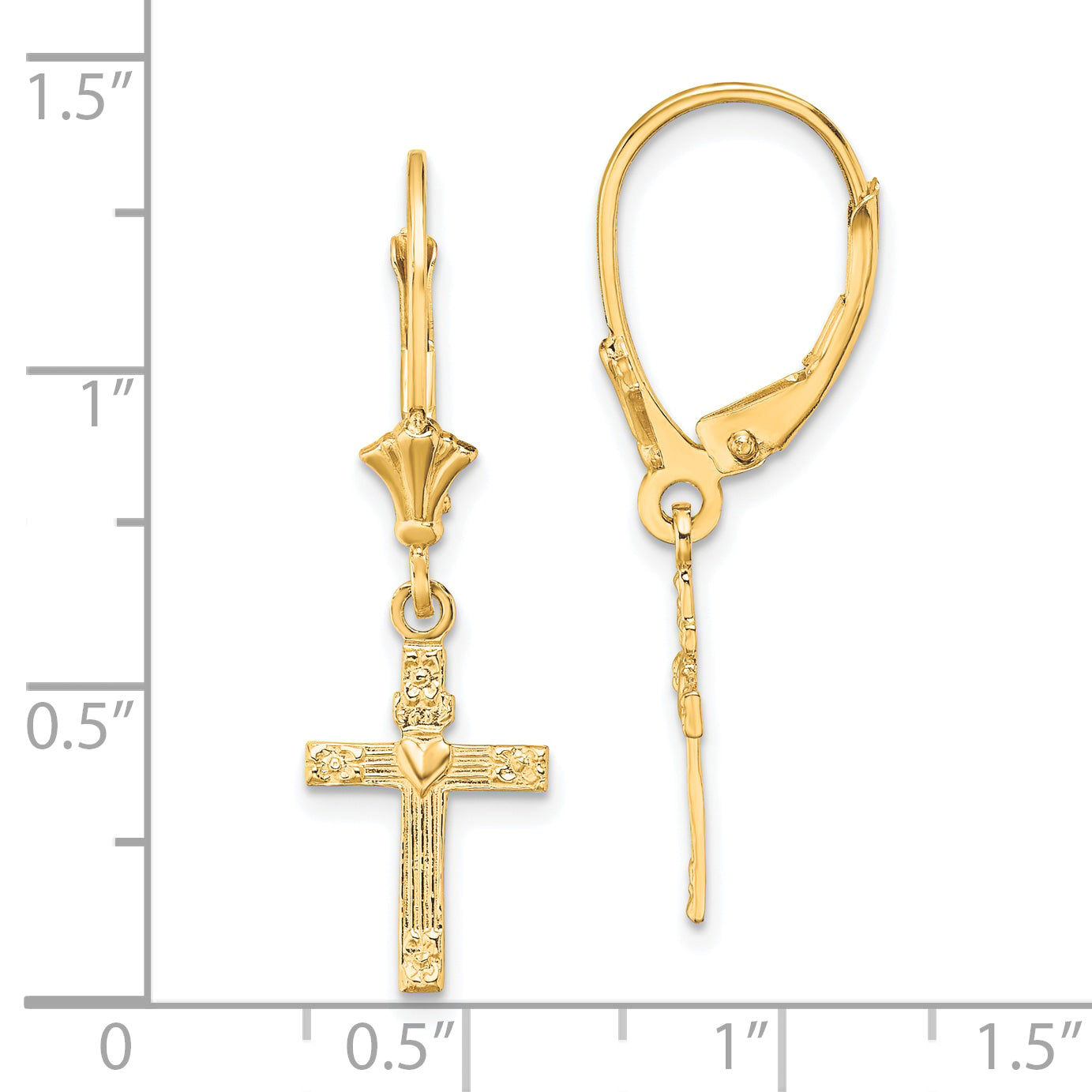 10K Yellow Gold 10K Textured Heart In Cross Leverback Earrings