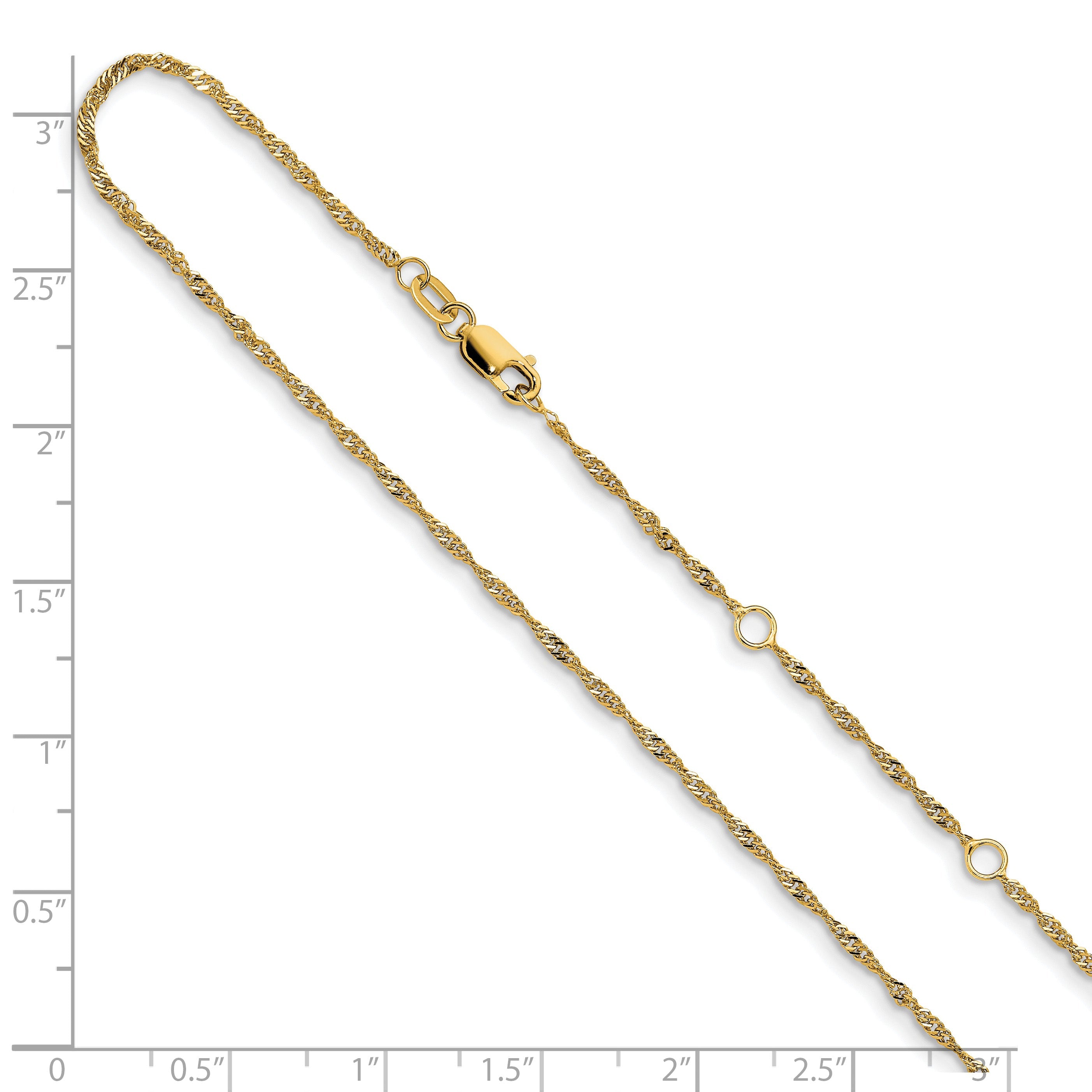 18 Inch 14K Yellow Gold 1.5mm Singapore 1In+1In Adjustable Chain Necklace