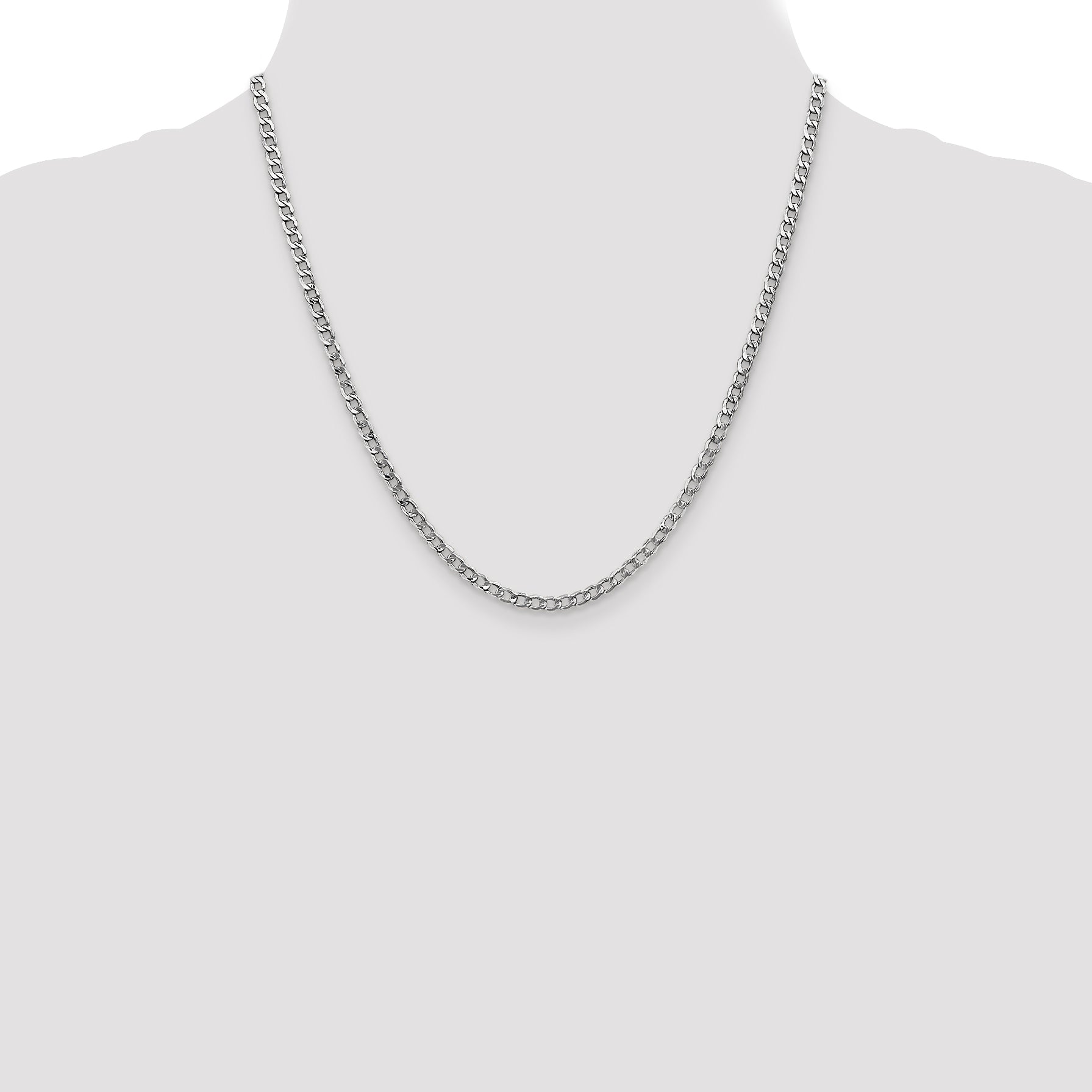 14K White Gold 20 Inch 3.35mm Semi-Solid Curb With Lobster Clasp Chain Necklace
