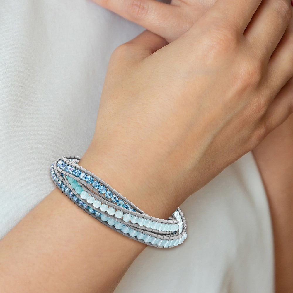33.5 Inch Crystal And Blue Quartz Beaded Leather Multi-Wrap Bracelet