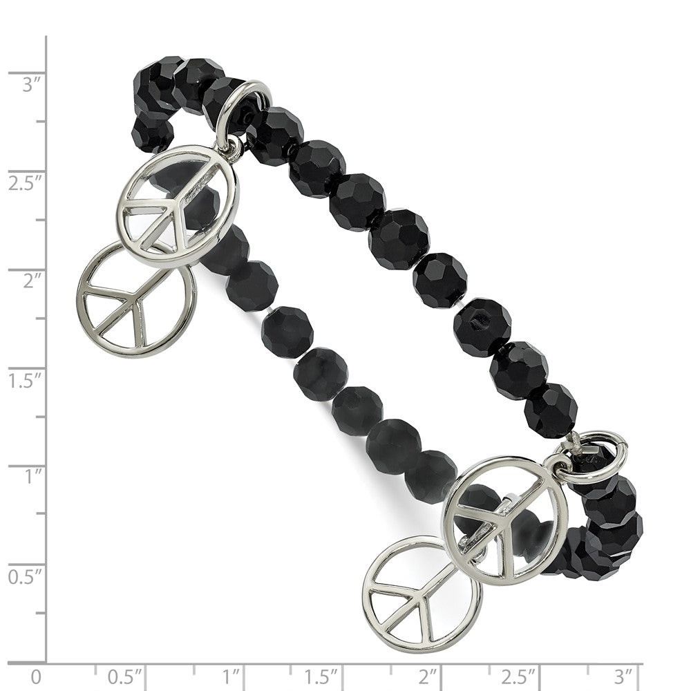 Fashion 1928 Jewelry Silver-Tone Peace Charms On Jet Black Crystal Faceted Beaded Stretch Bracelet