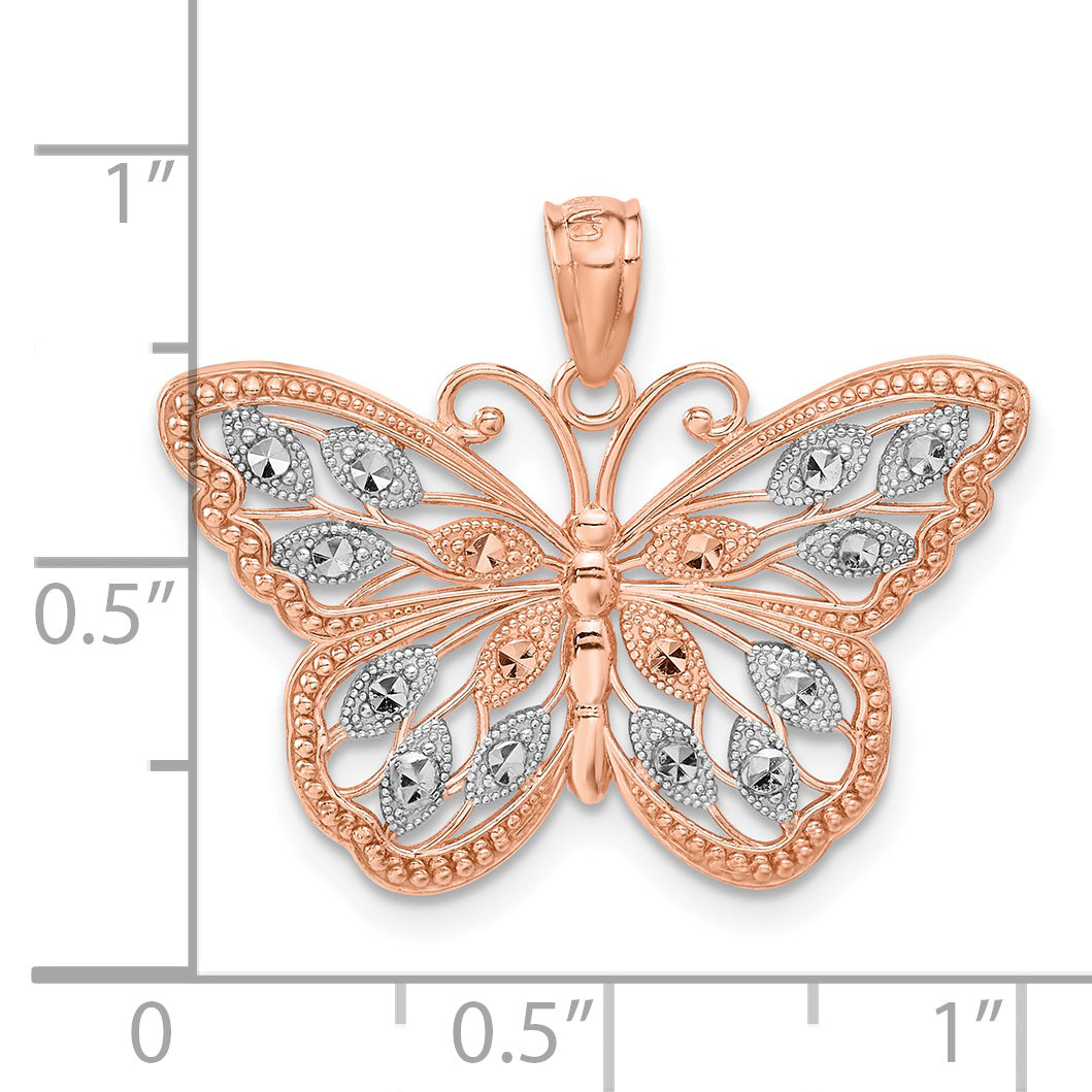 14K Rose Gold Rhodium Diamond Cut Butterfly Pendant