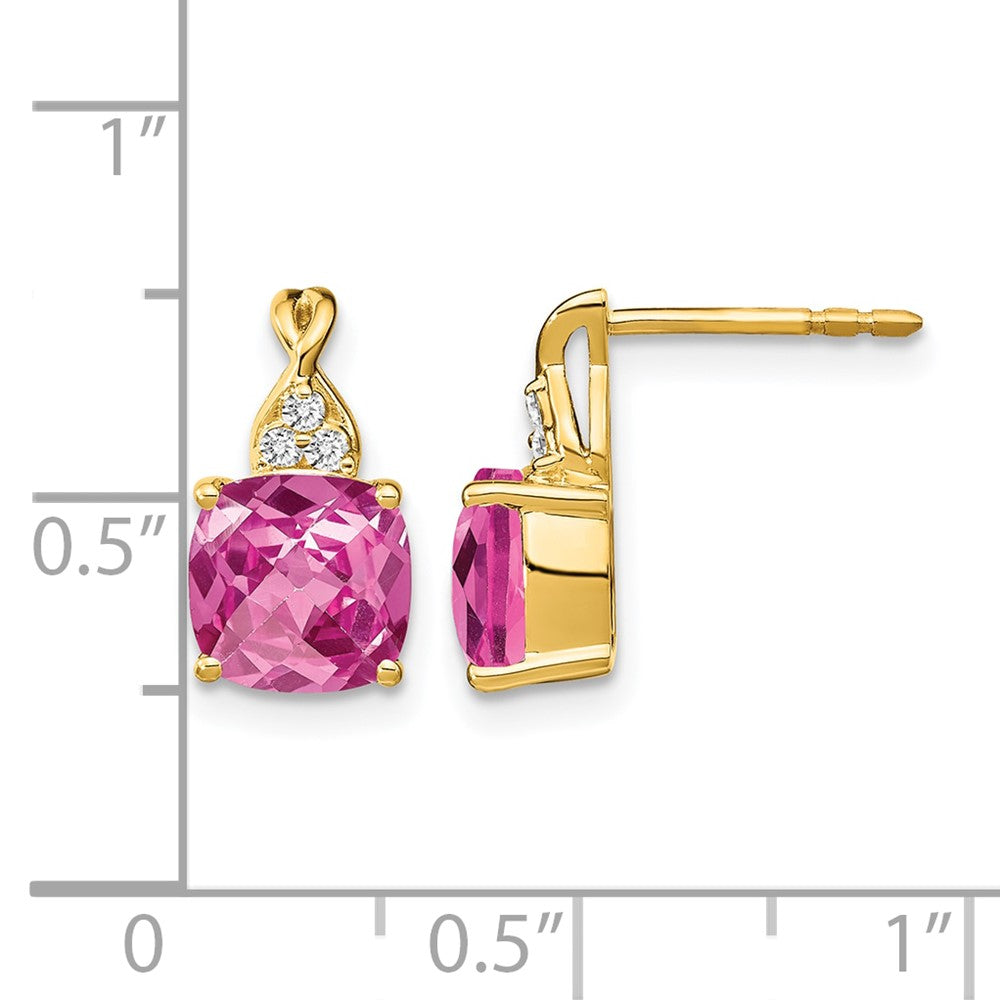 10K Yellow Gold Checkerboard Created Pink Sapphire And Diamond Earrings