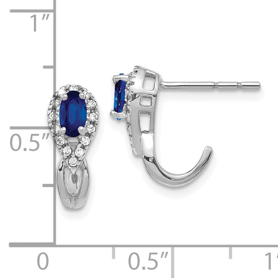 10K White Gold Diamond And Sapphire J Hoop Post Earrings