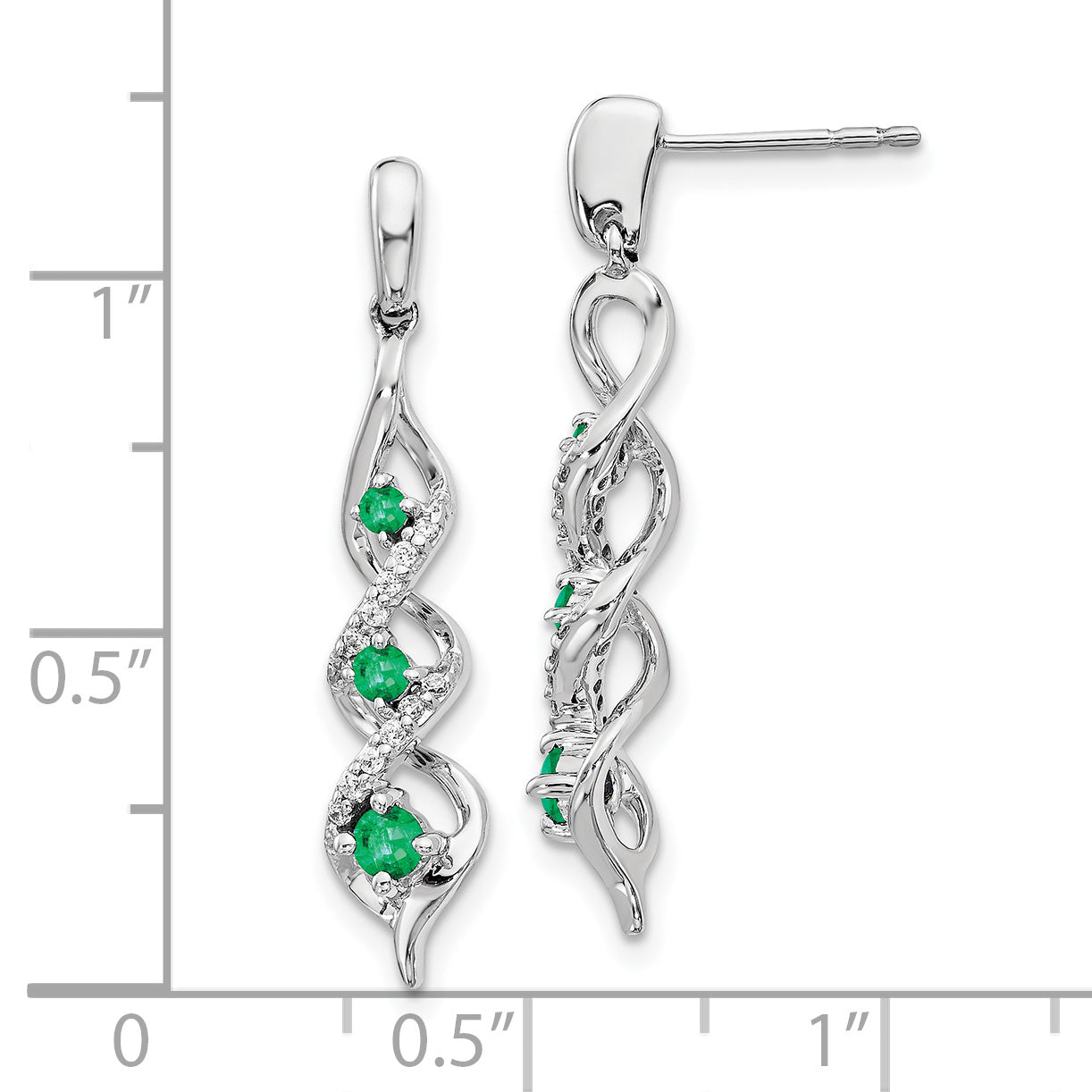 10K White Gold Diamond And Emerald 3 Stone Post Dangle Earrings