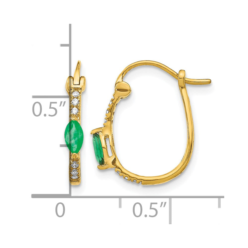 10K Yellow Gold 1/20Ct Diamond And Emerald Hinged Hoop Earrings