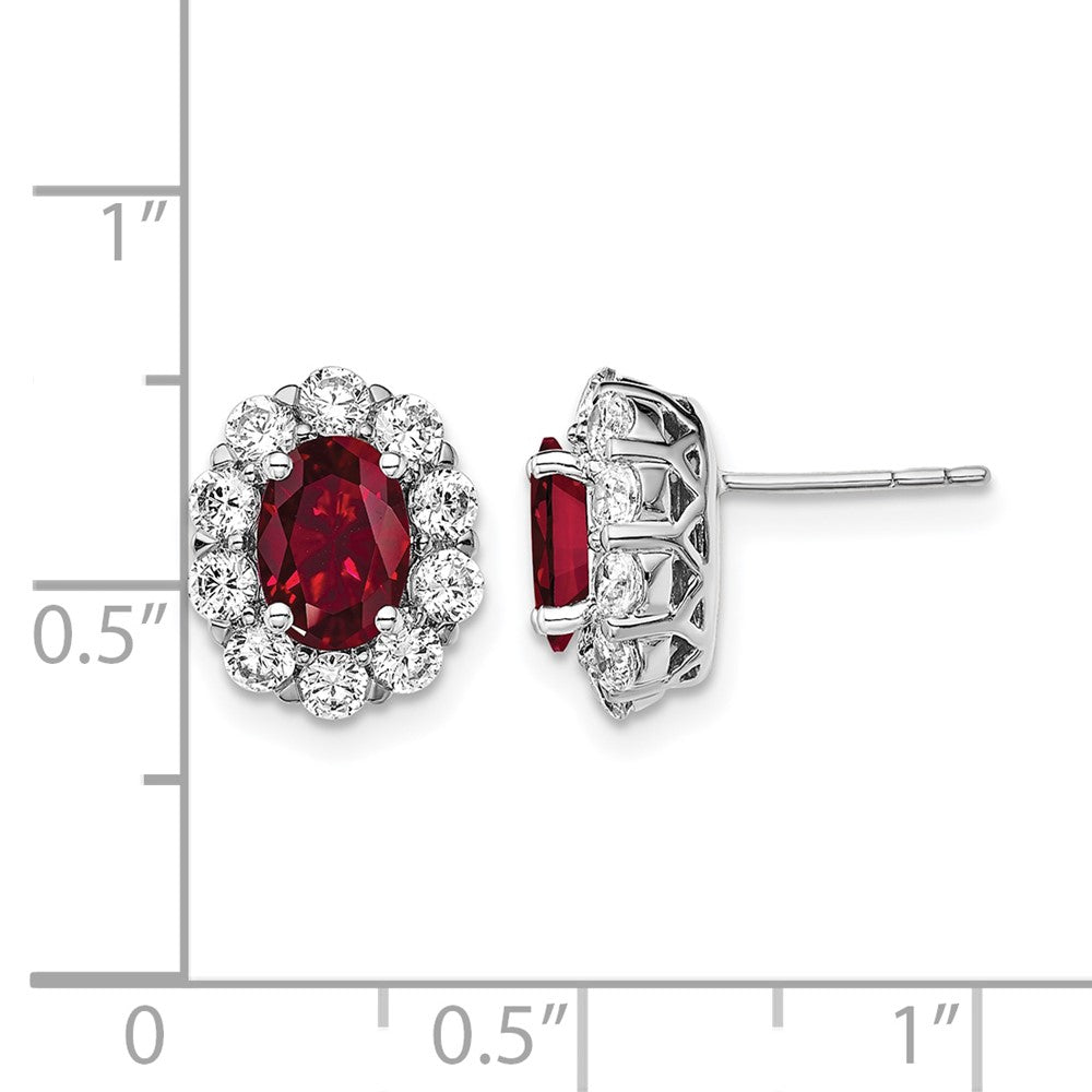 14k White Gold 1 1/5 Ct. Lab Grown Diamond VS/SI+ G+ and Oval Created Ruby Halo Post Earrings