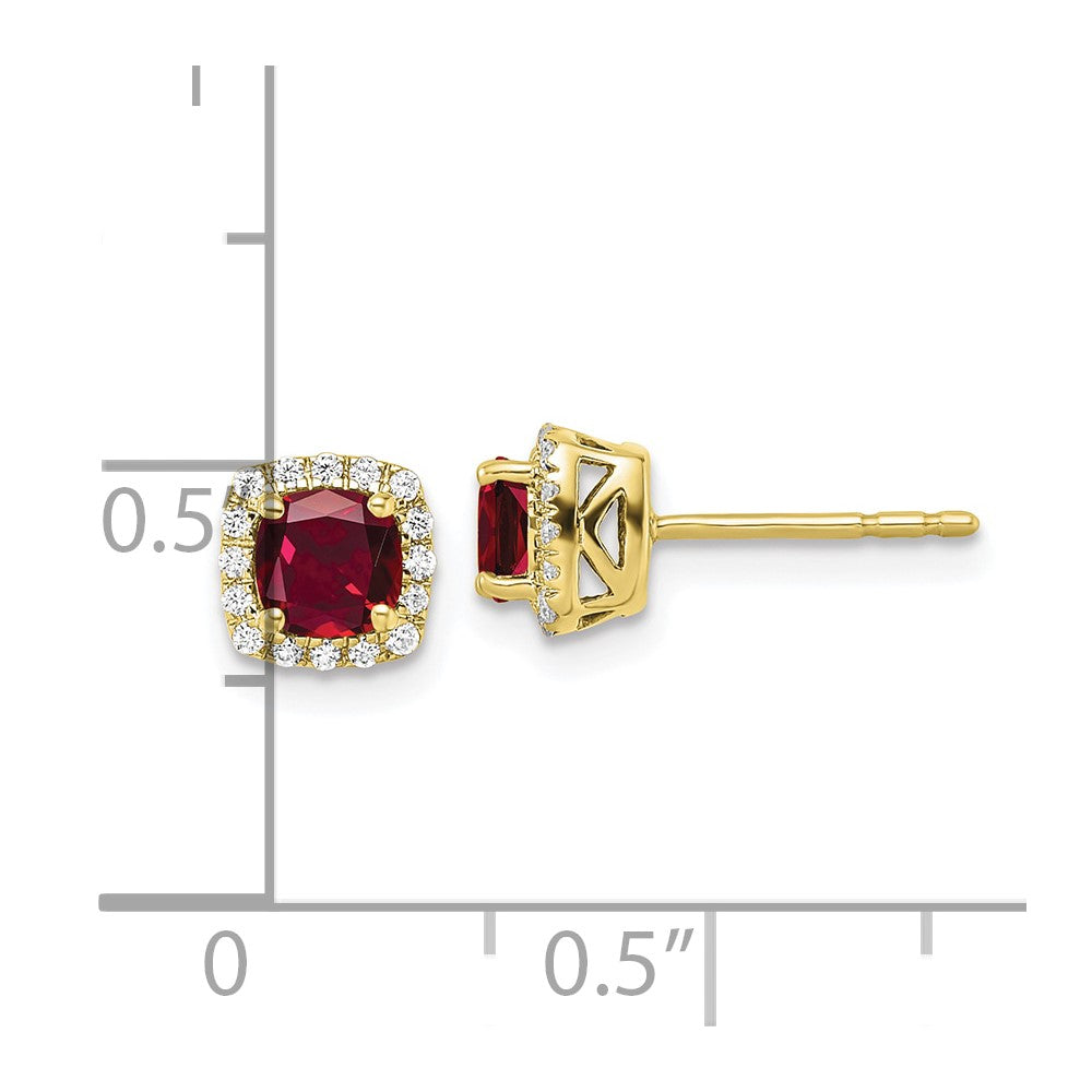 10k Yellow Gold 1/10 Ct. Lab Grown Diamond VS/SI+ G+ and Created Ruby Square Halo Post Earrings