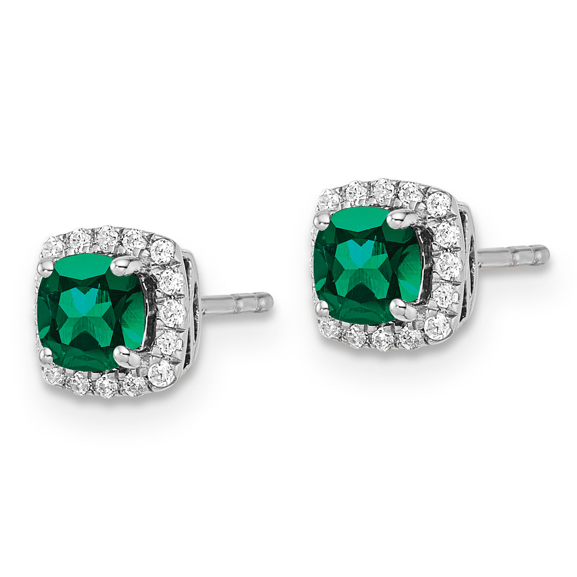 14k White Gold 1/10 Ct. Lab Grown Diamond VS/SI+ G+ and Created Emerald Square Halo Post Earrings