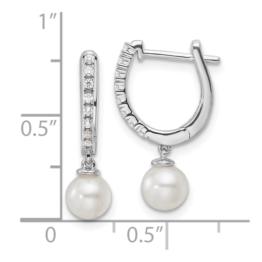 14k White Gold 1/10 Ct. Lab Grown Diamond VS/SI+ G+ and 5.50 mm Round Freshwater Cultured Pearl Hinged Hoop Earrings