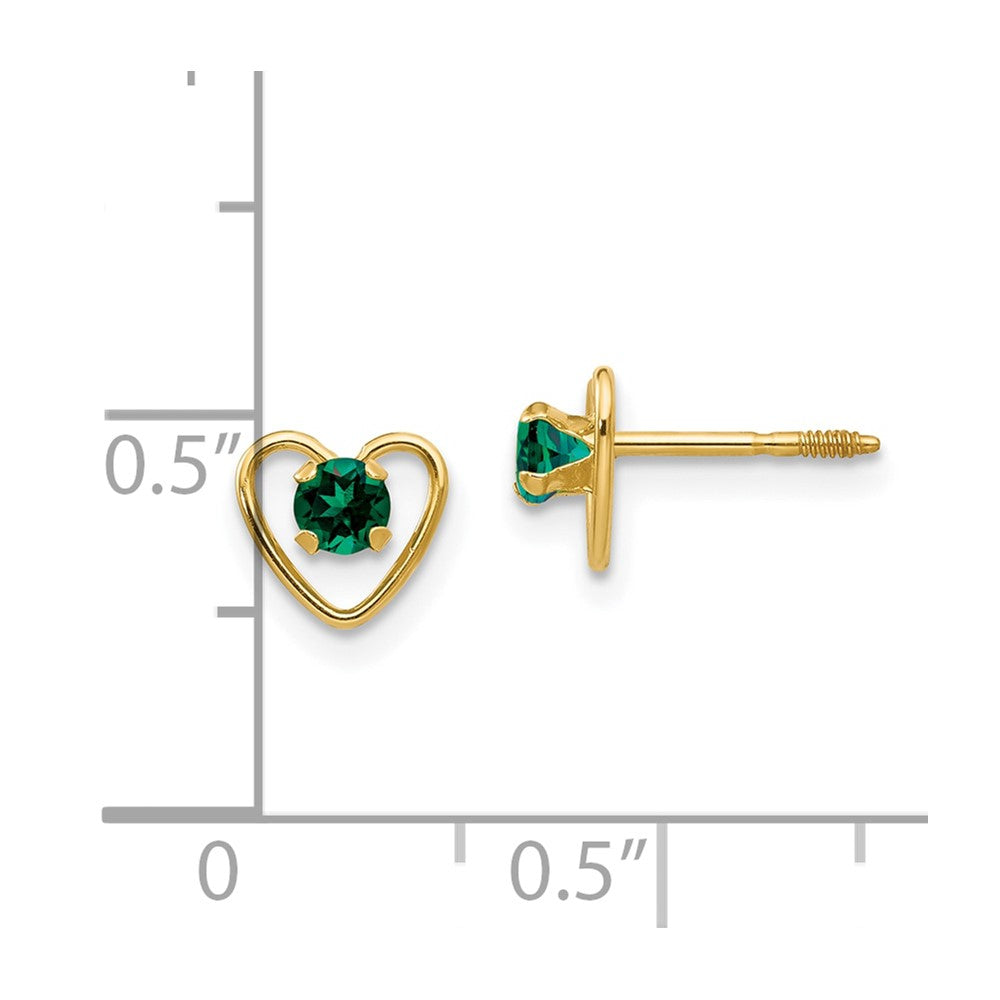 14K Yellow Gold Madi K 3mm Created Emerald Birthstone Heart Earrings