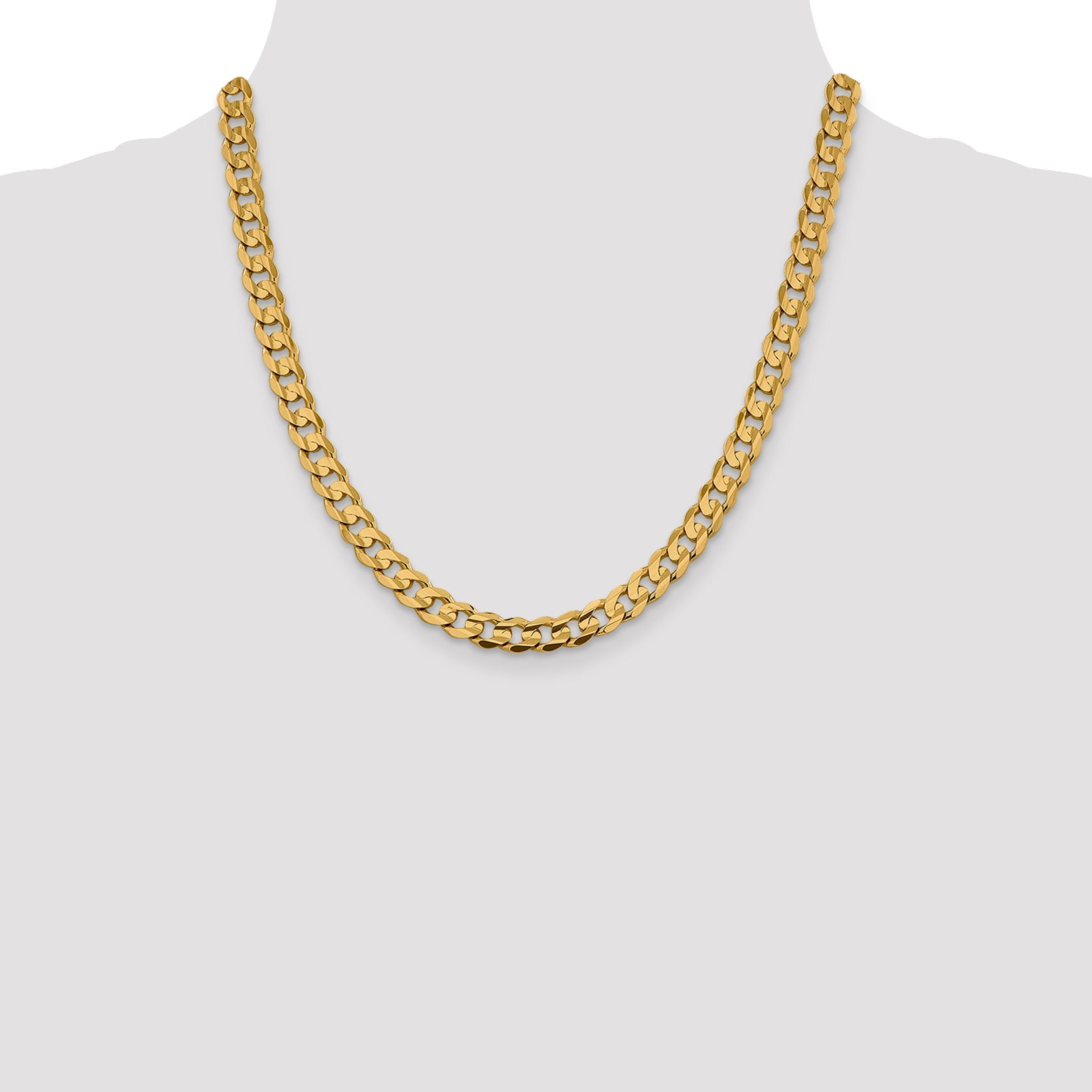 14K Yellow Gold 20 Inch 7.5mm Open Concave Curb With Lobster Clasp Chain Necklace