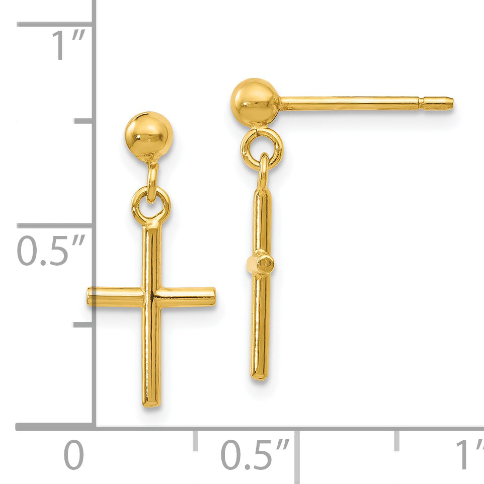 14K Yellow Gold Polished Cross Post Drop Earrings