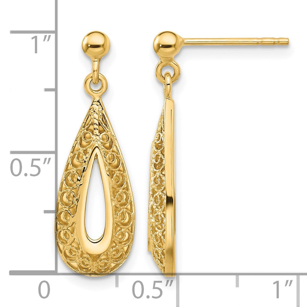 14K Yellow Gold Filigree Teardrop Post Dangle Earrings