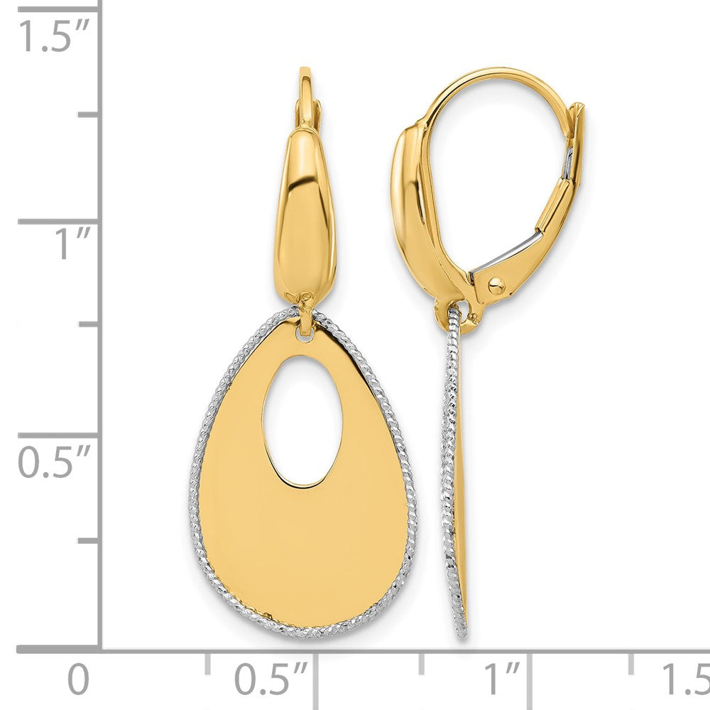 14K Two Tone Polished/Dia Cut Teardrop Dangle Leverback Earrings