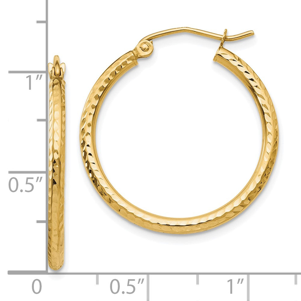 14K Yellow Gold Diamond Cut 2mm Round Tube Hoop Earrings