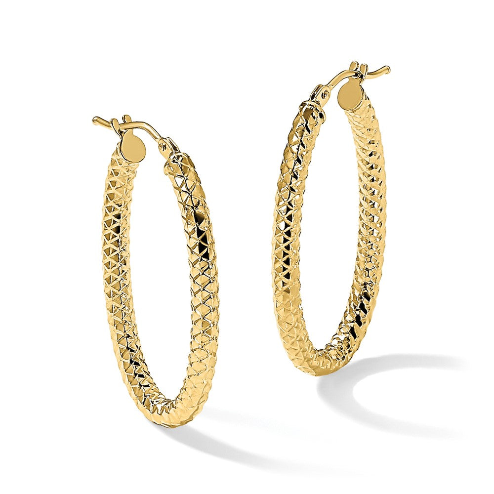 14K Yellow Gold Foreverlite Polished And Textured Oval Hoop Earrings