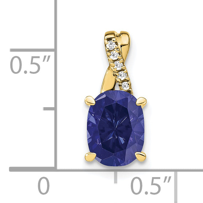 10K Yellow Gold Oval Created Sapphire And Diamond Pendant