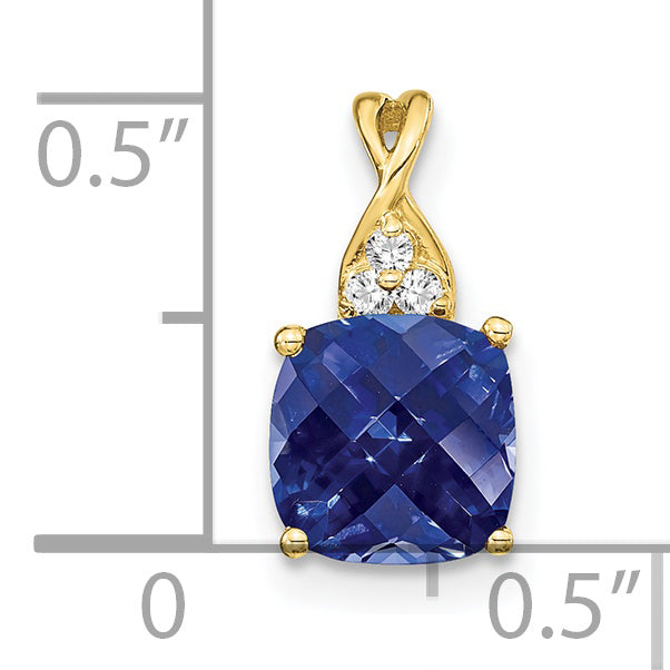 10K Yellow Gold Checkerboard Created Sapphire And Diamond Pendant