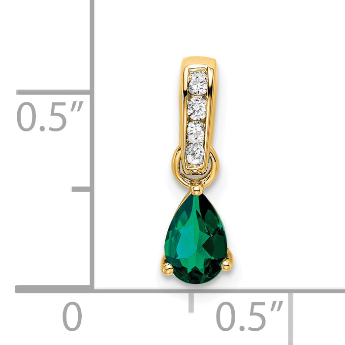 10K Yellow Gold Pear Created Emerald And Diamond Pendant