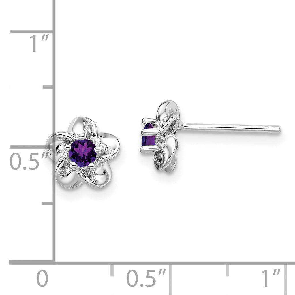 Sterling Silver Rhodium-Plated Floral Amethyst Post Earrings