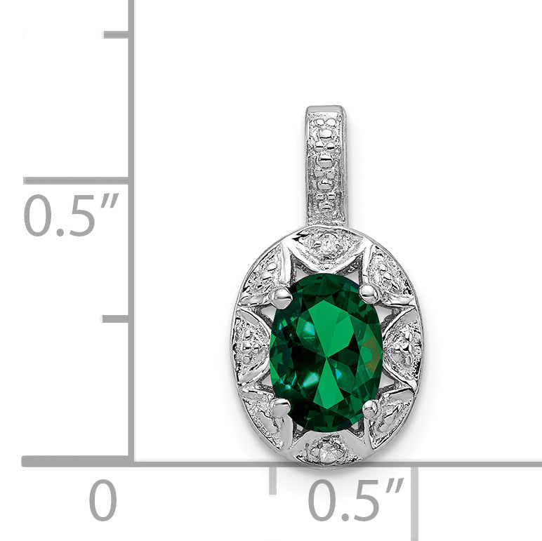 Sterling Silver Rhodium-Plated Diam. & Created Emerald Pendant