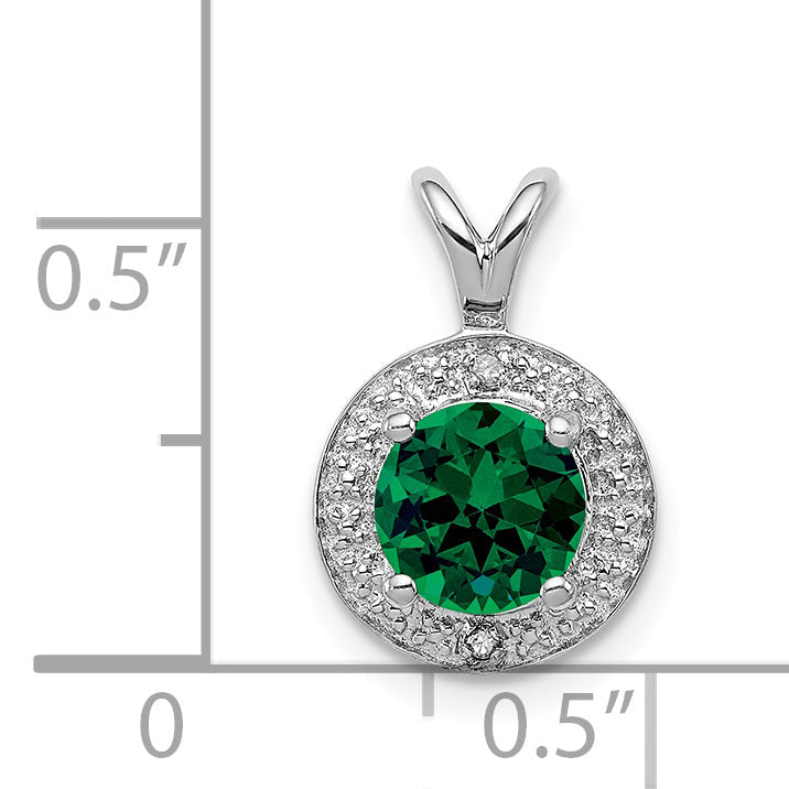 Sterling Silver Rhodium-Plated Diam. & Created Emerald Pendant