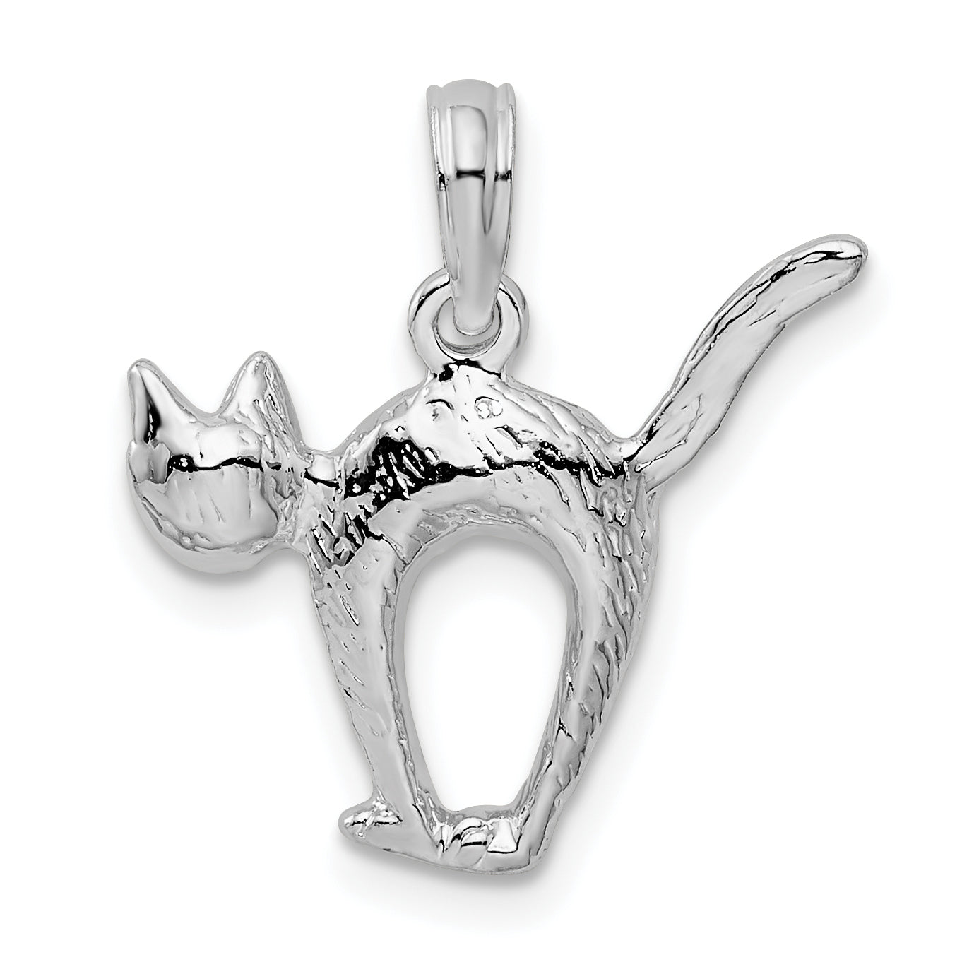 Sterling Silver De-Ani Rhodium-Plated Textured 3D Cat With Arched Back Pendant