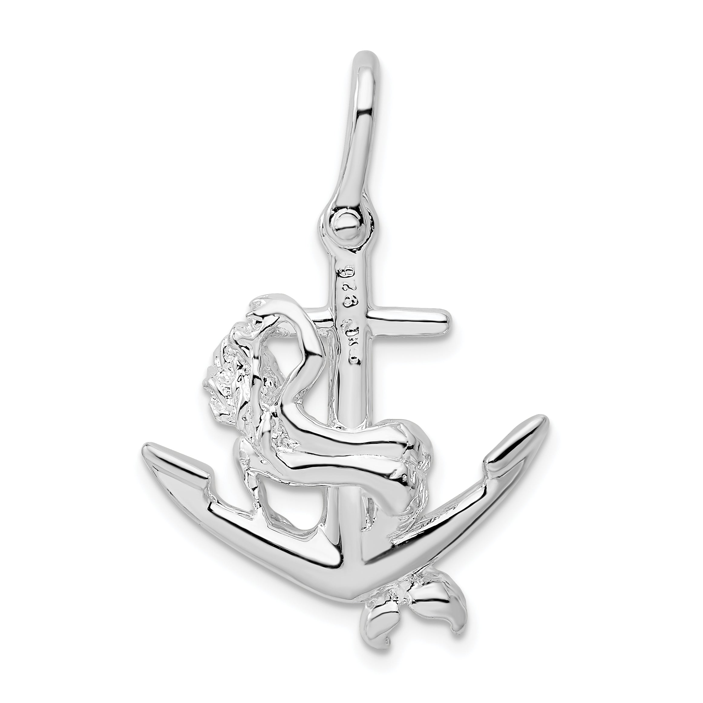 Sterling Silver De-Ani Rhodium-Plated Polished 3D Anchor With Mermaid Pendant