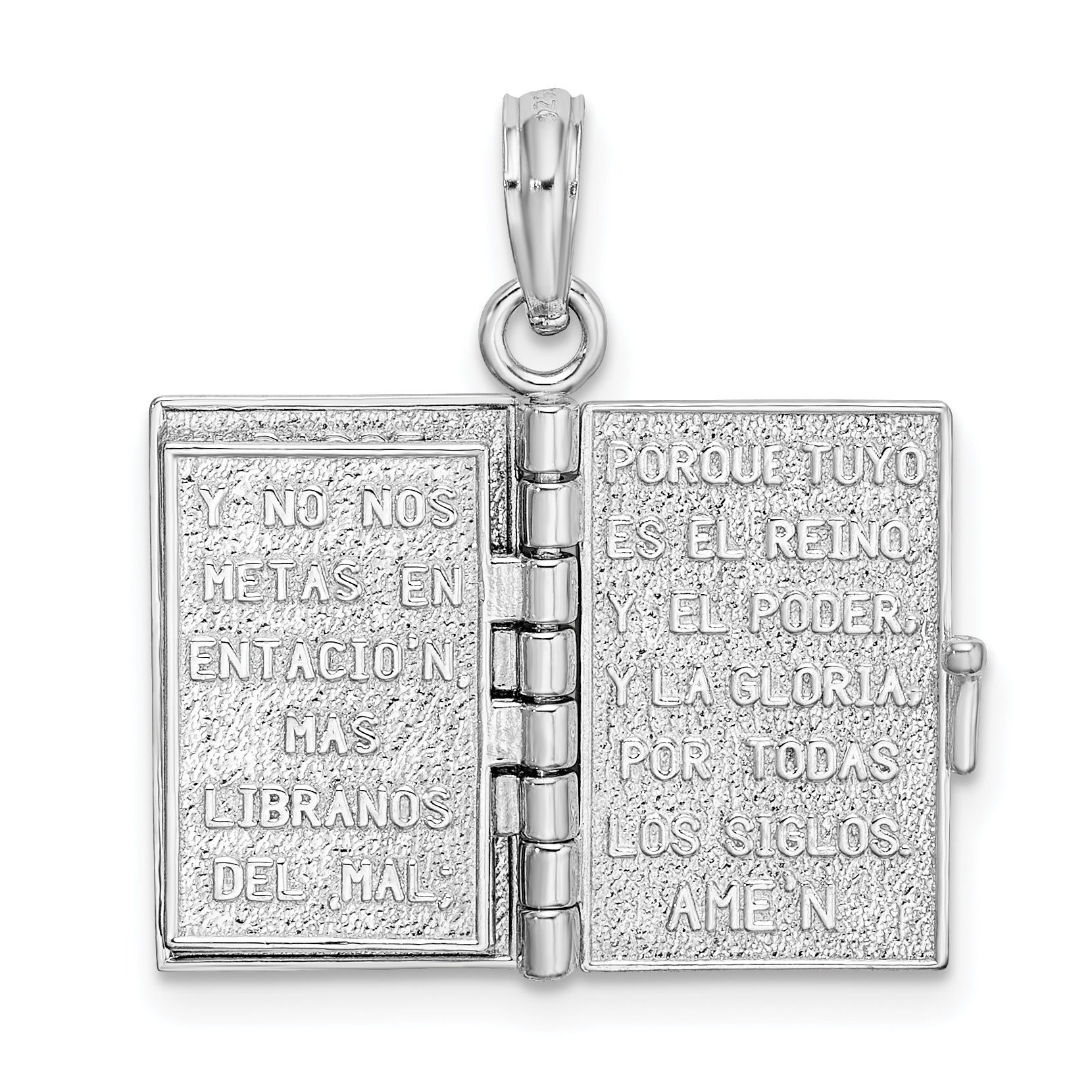 Sterling Silver De-Ani Rhodium-Plated Moveable 3D Spanish Santa Biblia Pendant
