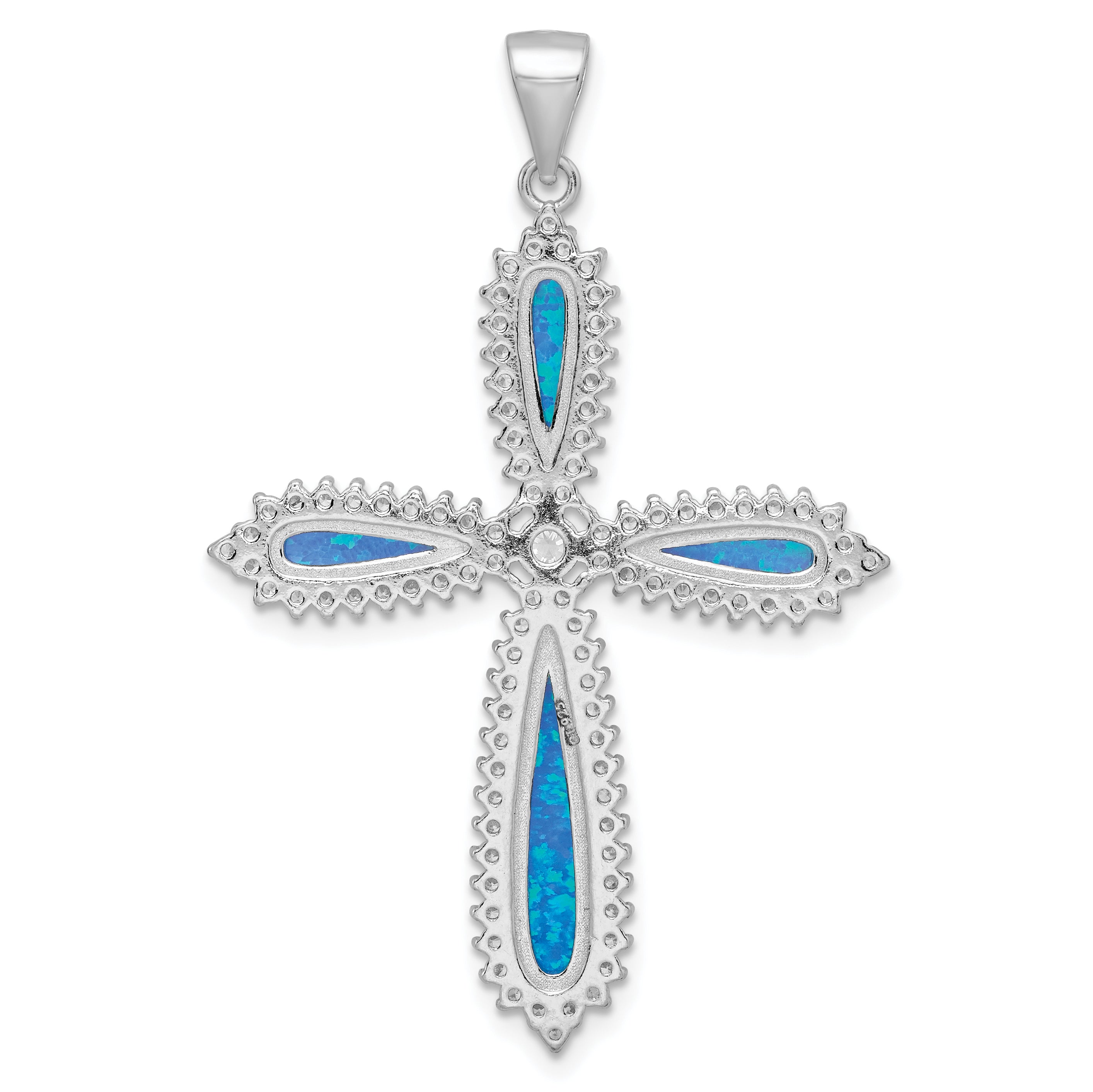 Sterling Silver Rh-Plated Blue Created Opal & Cz Border Cross Pendant