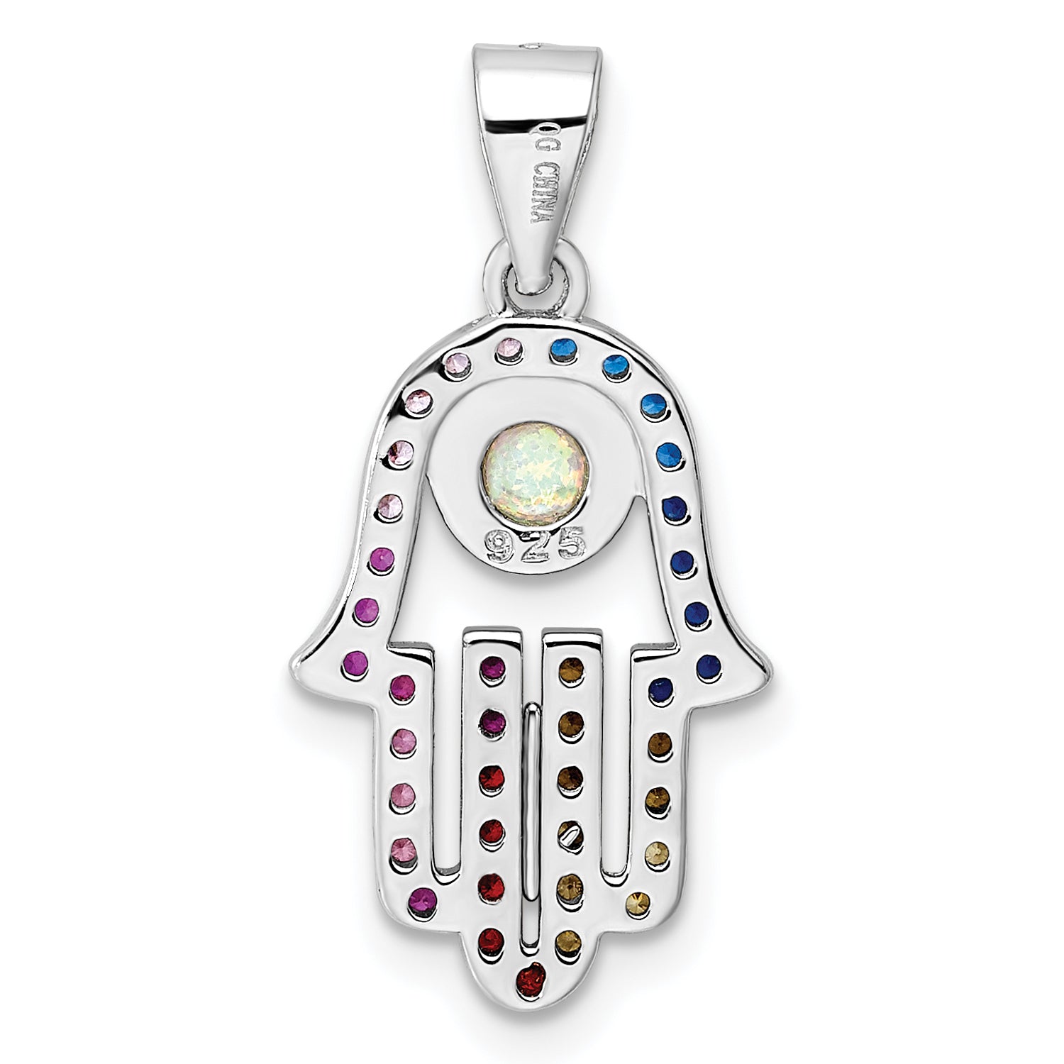 Sterling Silver Rhodium-Plated Multicolor Cz & Synthetic Opal Hamsa Pendant