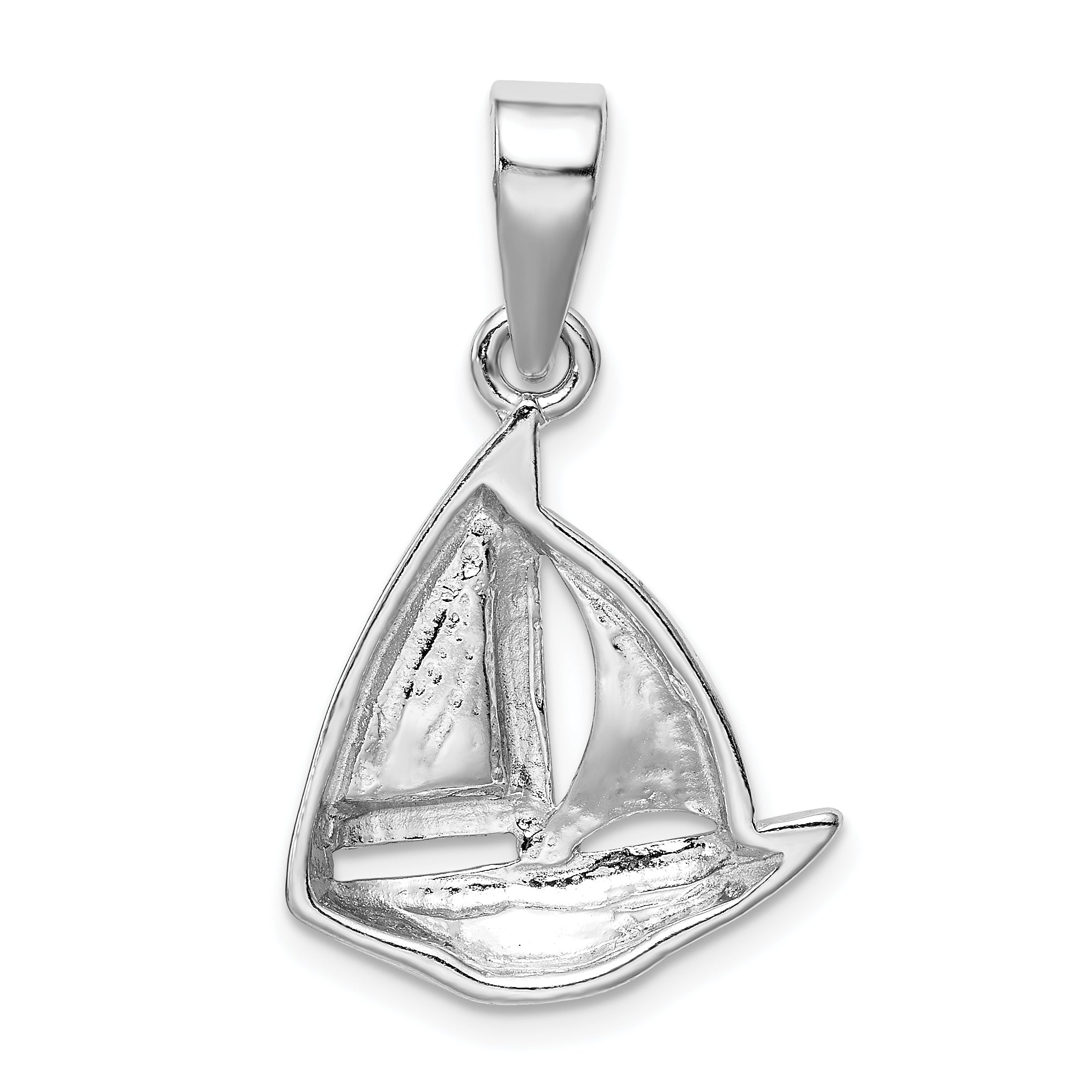 Sterling Silver Rhodium-Plated Blue Inlay Created Opal Sailboat Pendant