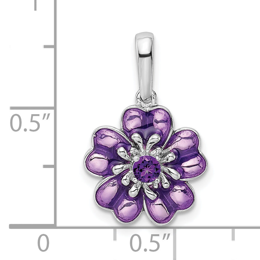 Sterling Silver Rhodium-Plated Amethyst And Enamel Pendant