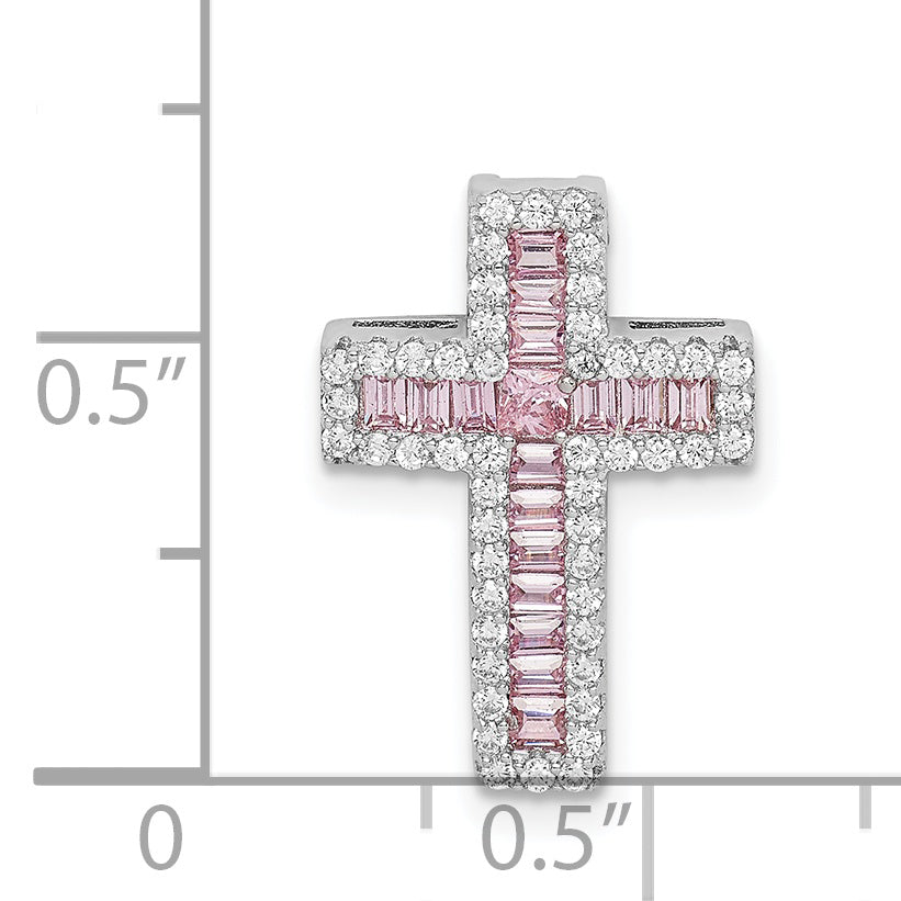 Sterling Silver Rhodium-Plated Pink & White Cz Cross Chain Slide