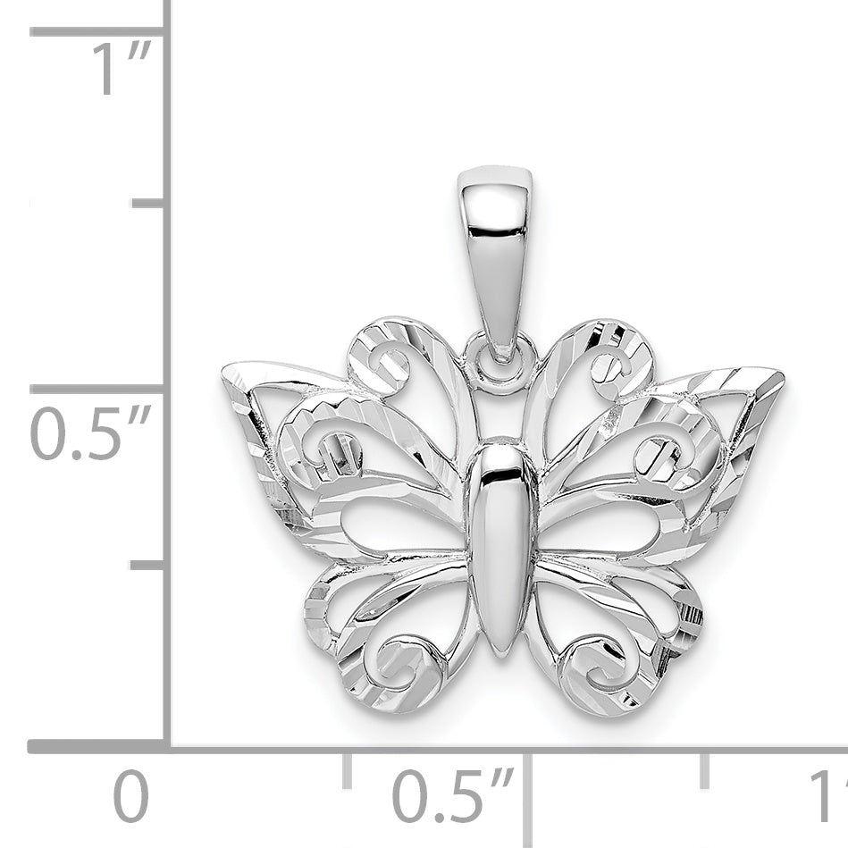 Sterling Silver Rhodium Plated Diamond-Cut Butterfly Pendant