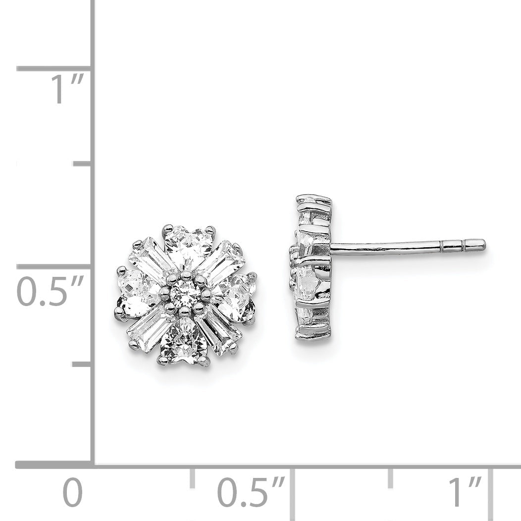 Sterling Silver Cheryl M Rhodium-Plated Emerald-Cut And Brilliant-Cut Cz Cluster Post Earrings