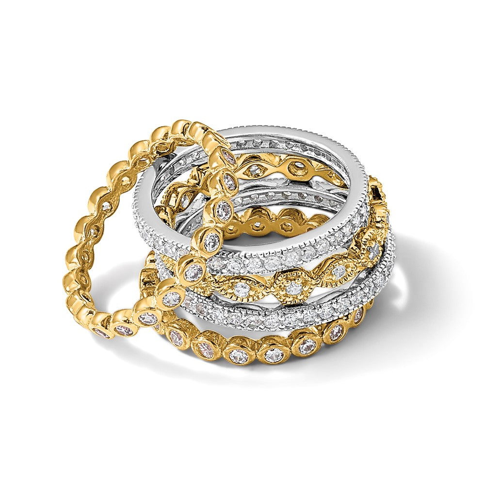 Sterling Silver Cheryl M Rhodium-Plated And Gold-Plated Brilliant-Cut Cz 5 Piece Eternity Band Ring Set