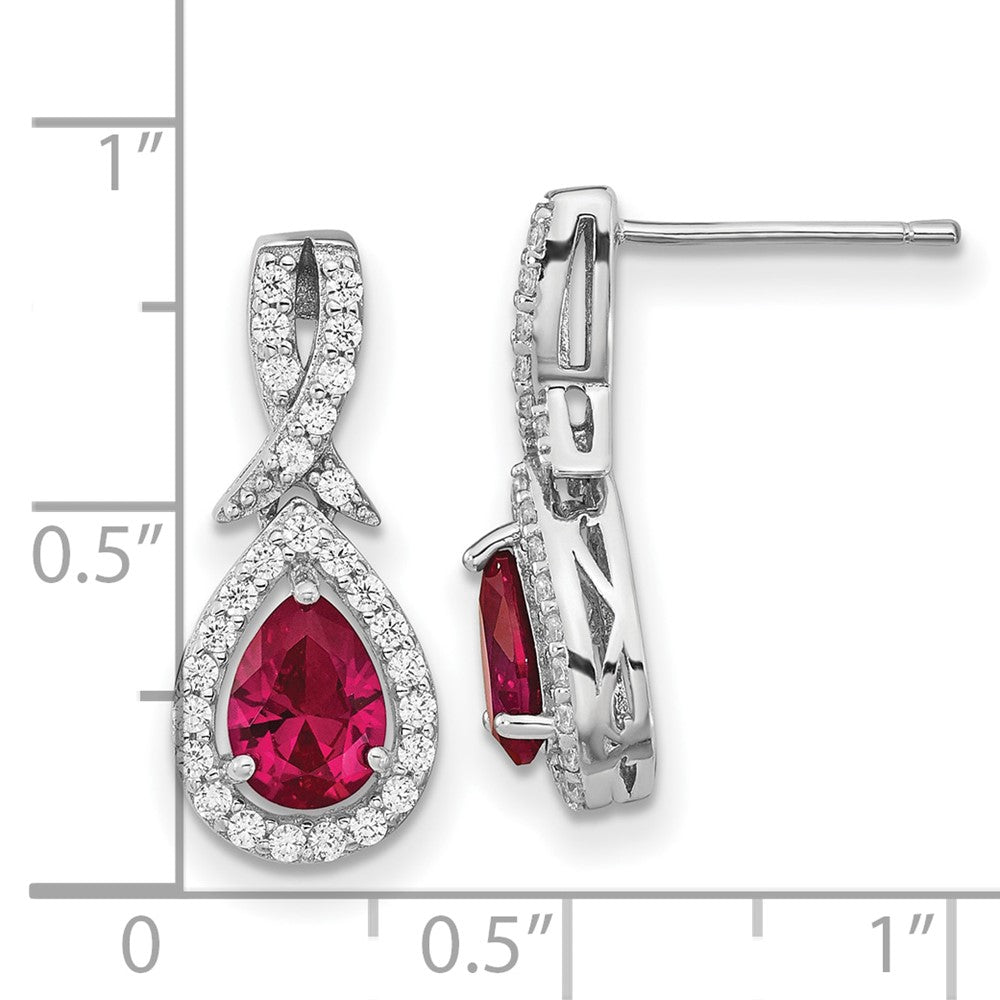 Sterling Silver Cheryl M Rhodium-Plated Brilliant-Cut Lab Created Ruby And White Cz Teardrop Post Dangle Earrings