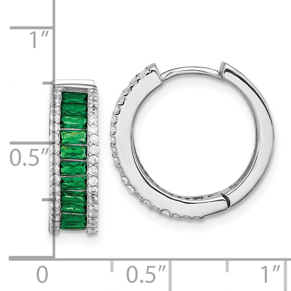Sterling Silver Cheryl M Rhodium-Plated Emerald-Cut Green Nano Crystal And Brilliant-Cut White Cz Round Hinged Hoop Earrings