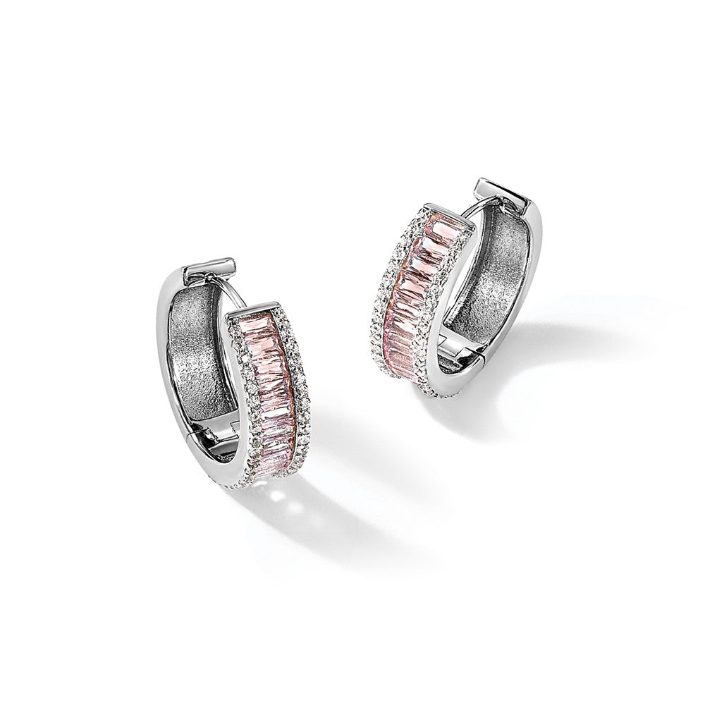 Sterling Silver Cheryl M Rhodium-Plated Emerald-Cut Pink Nano Crystal And White Brilliant-Cut Cz Round Hinged Hoop Earrings