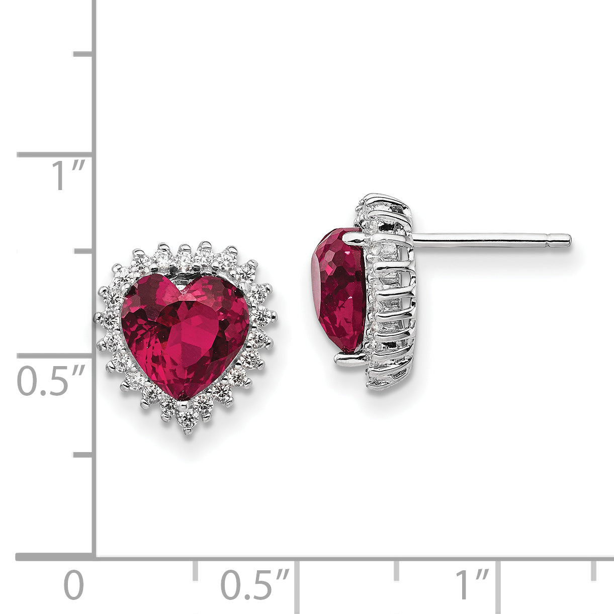 Sterling Silver Cheryl M Rhodium-Plated 100 Facet Lab Created Ruby And Brilliant-Cut White Cz Heart Halo Post Earrings
