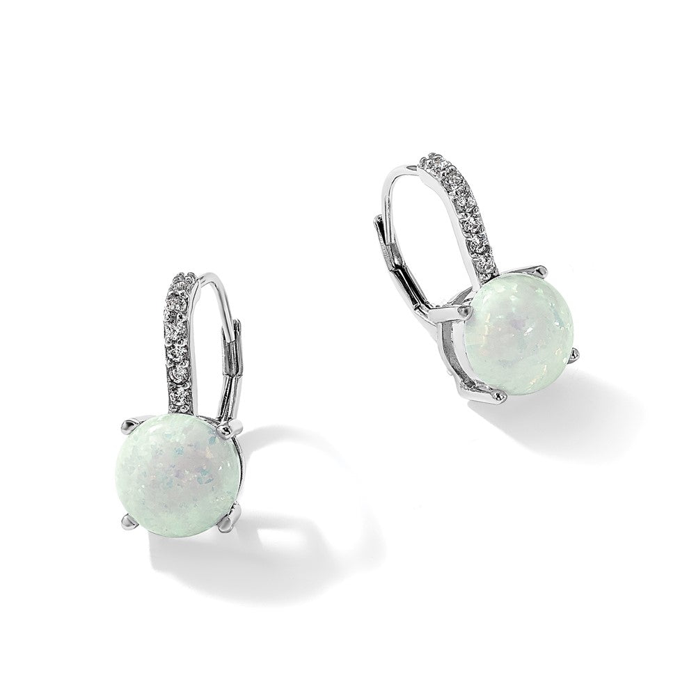 Sterling Silver Cheryl M Rhodium-Plated Cabochon Lab Created Opal And Brilliant-Cut Cz Leverback Earrings