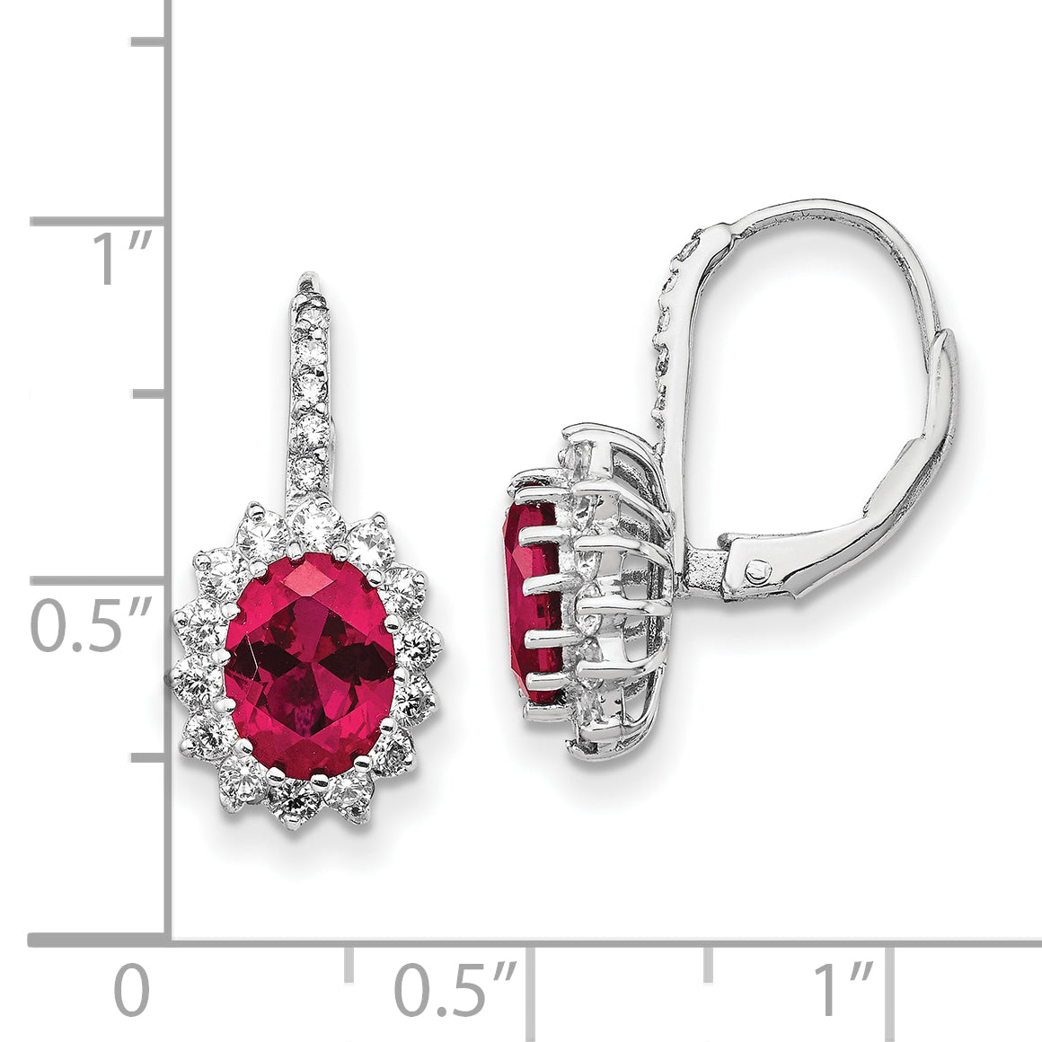 Sterling Silver Cheryl M Rhodium-Plated Brilliant-Cut Lab Created Ruby And White Cz Oval Halo Leverback Earrings