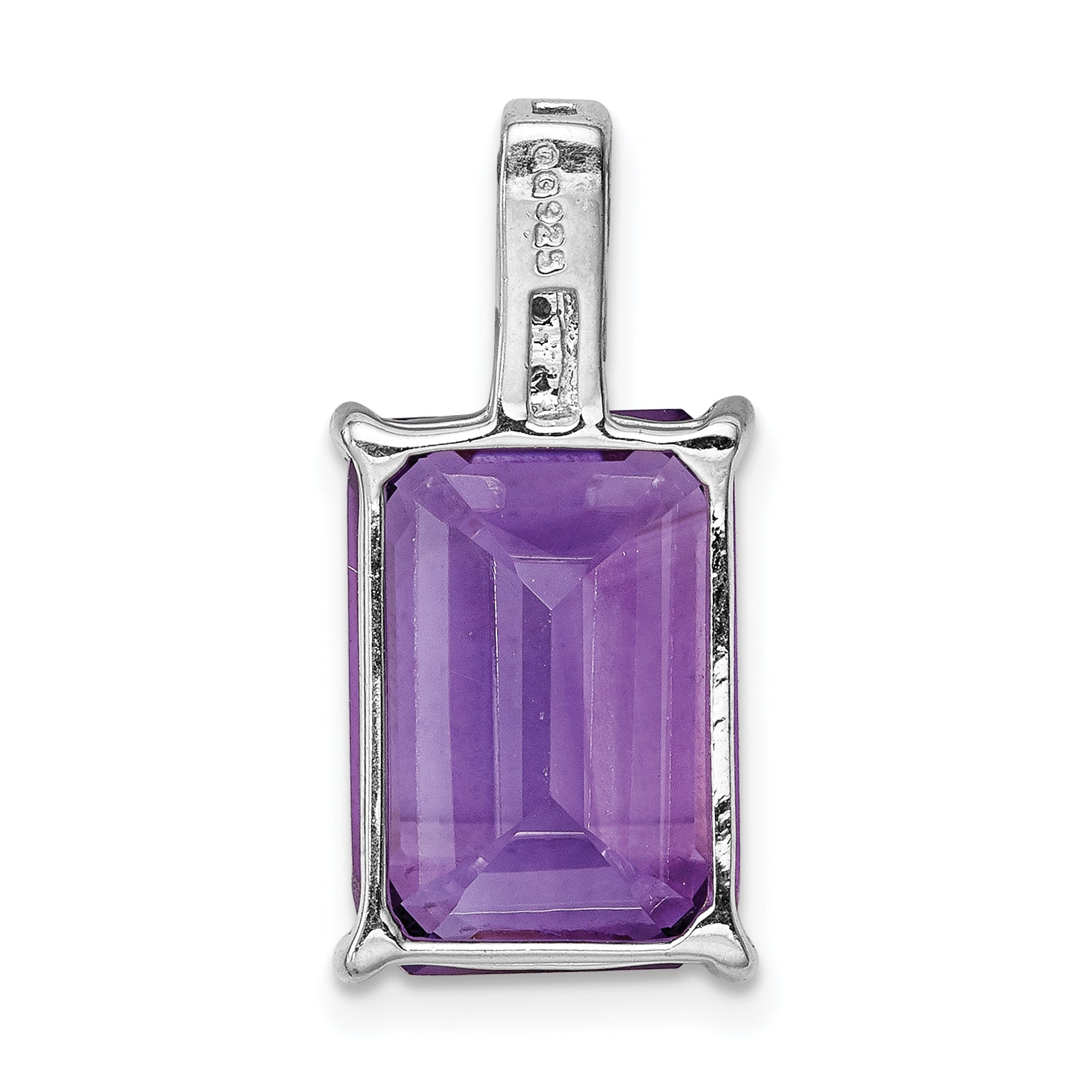 Sterling Silver Rhodium Emerald-Cut Amethyst & Diamond Pendant